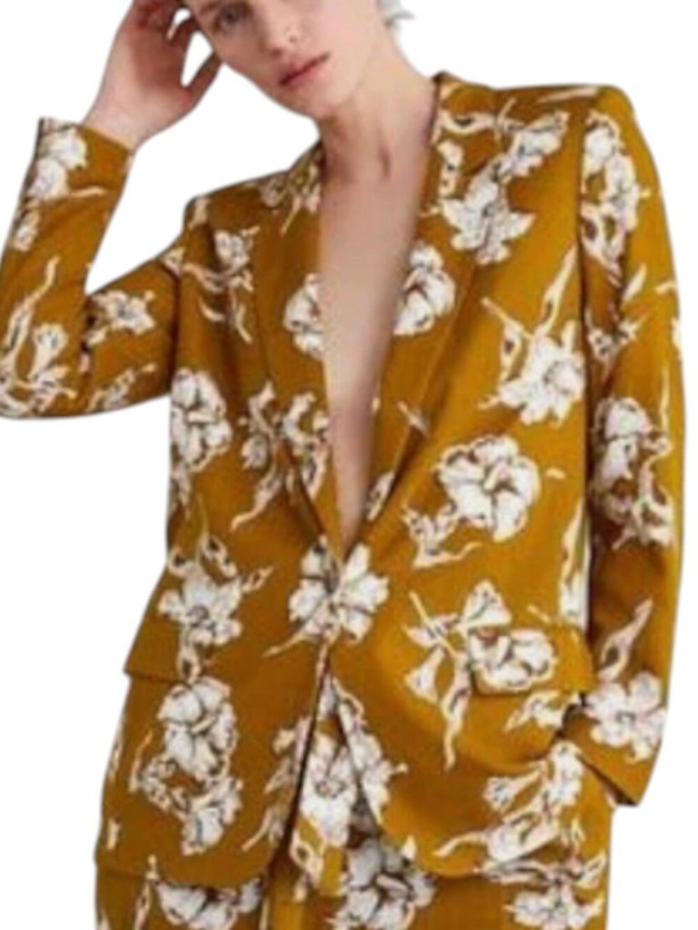 ZARA Dark Mustard Floral Print Linen Blend Blazer Jacket Size: M
